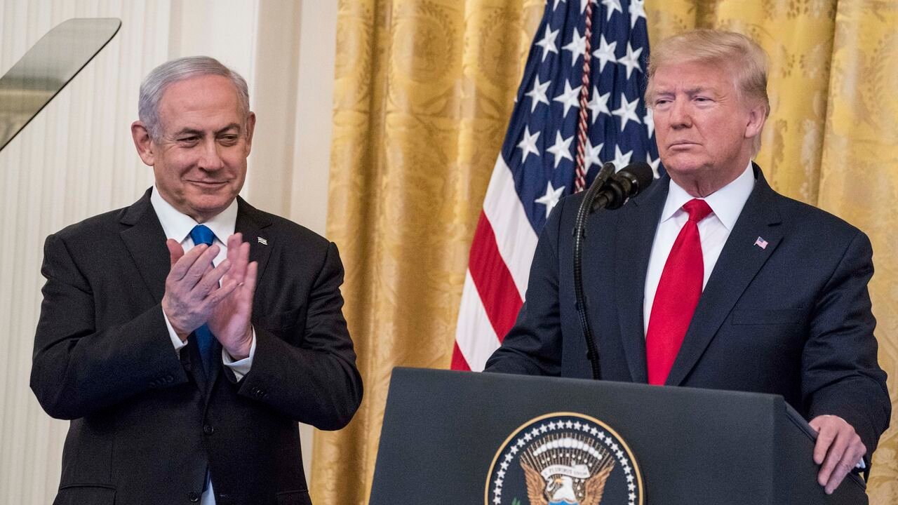 WASHINGTON, DC - JANUARY 28: U.S. President Donald Trump and Israeli Prime Minister Benjamin Netanyahu participate in a joint statement in the East Room of the White House on January 28, 2020 in Washington, DC. The news conference was held to announce the Trump administration's plan to resolve the Israeli-Palestinian conflict. (Photo by Sarah Silbiger/Getty Images)