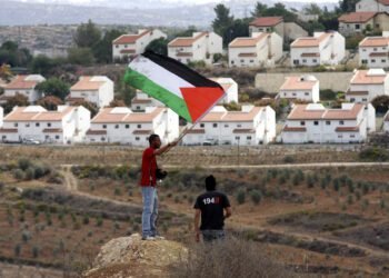 A Palestinian man waves a Palestinian flag during violent clashes in the West Bank village of Nabi Saleh, on 29 October 2010. Palestinians protest weekly against the neighbouring Jewish settlement of Halamish. Photo by Eyad Jadallah