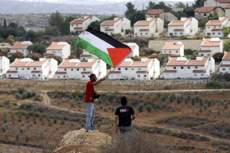 A Palestinian man waves a Palestinian flag during violent clashes in the West Bank village of Nabi Saleh, on 29 October 2010. Palestinians protest weekly against the neighbouring Jewish settlement of Halamish. Photo by Eyad Jadallah