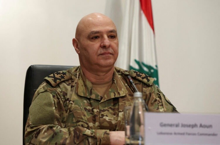 FILE PHOTO: Lebanon's Army chief General Joseph Aoun, attends a news conference to launch a Livelihood Support Program for the Lebanese army and Internal Security Forces (ISF) hosted by the United Nations Development Programme (UNDP) in partnership with the U.S. Embassy in Beirut, at the U.N. headquarters in Beirut, Lebanon January 25, 2023. REUTERS/Mohamed Azakir/File Photo
