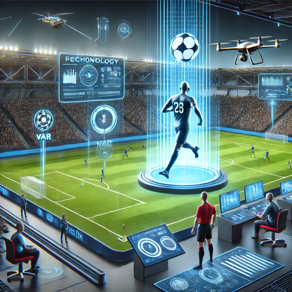 DALL·E 2024 09 05 17.34.09 A professional 3D image representing the impact of technology on the future of sports. The image should depict a football stadium with advanced techno