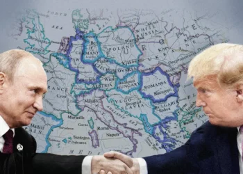 putin and trump shaking hands in front a map of eastern europe