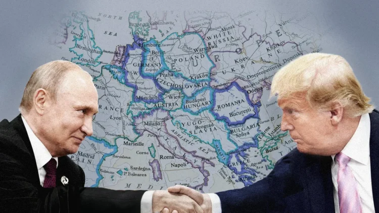 putin and trump shaking hands in front a map of eastern europe