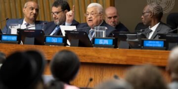 Mahmoud Abbas (centre right), President of the State of Palestine, addresses the event to commemorate the 75th Anniversary of the Nakba, held by the Committee on the Exercise of the Inalienable Rights of the Palestinian People.