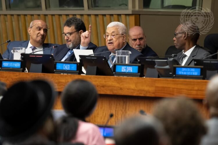 Mahmoud Abbas (centre right), President of the State of Palestine, addresses the event to commemorate the 75th Anniversary of the Nakba, held by the Committee on the Exercise of the Inalienable Rights of the Palestinian People.